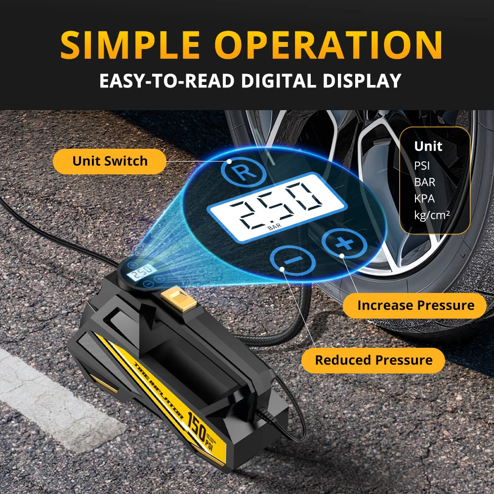 12V Portable Tire Inflator – 150 PSI Electric Air Compressor with LED Light