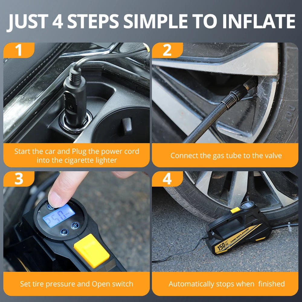 12V Portable Tire Inflator – 150 PSI Electric Air Compressor with LED Light