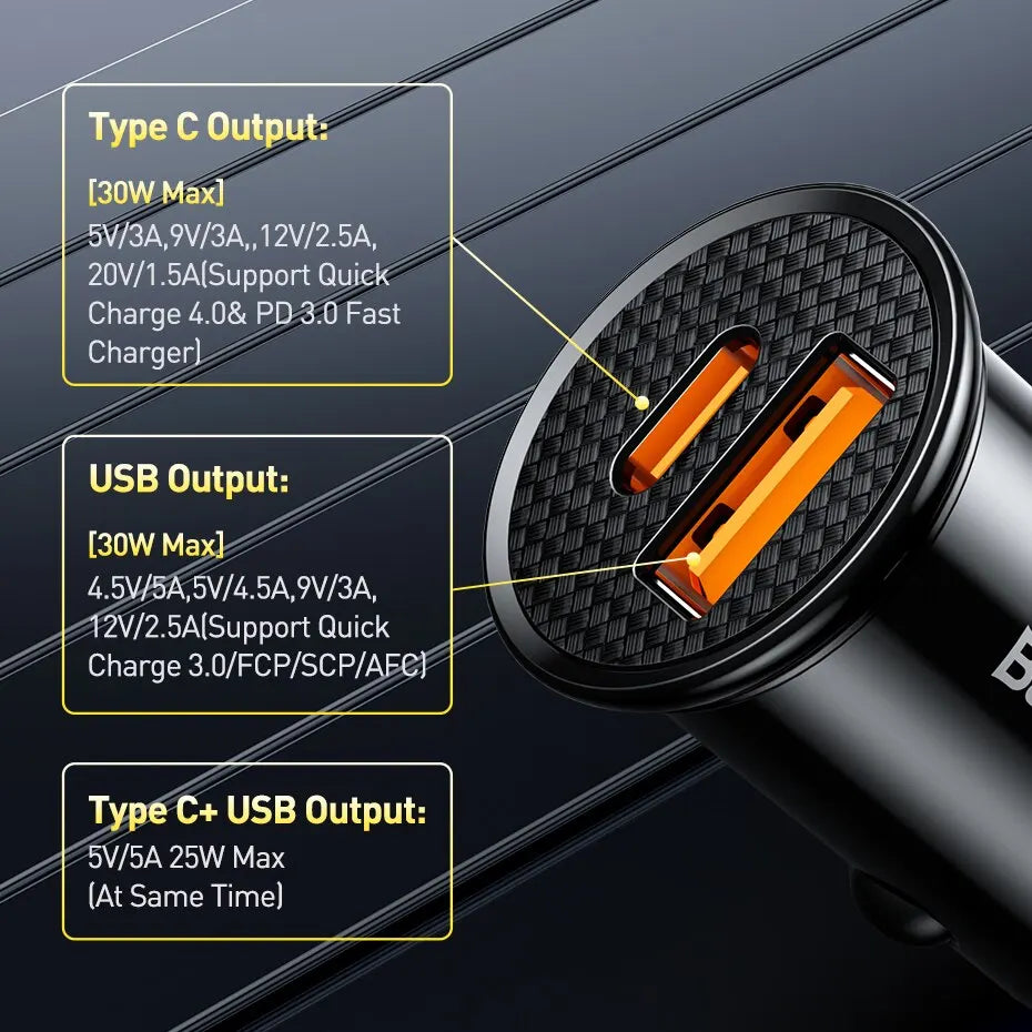 Baseus 30W USB Car Charger – PD & Quick Charge Fast Charging Adapter