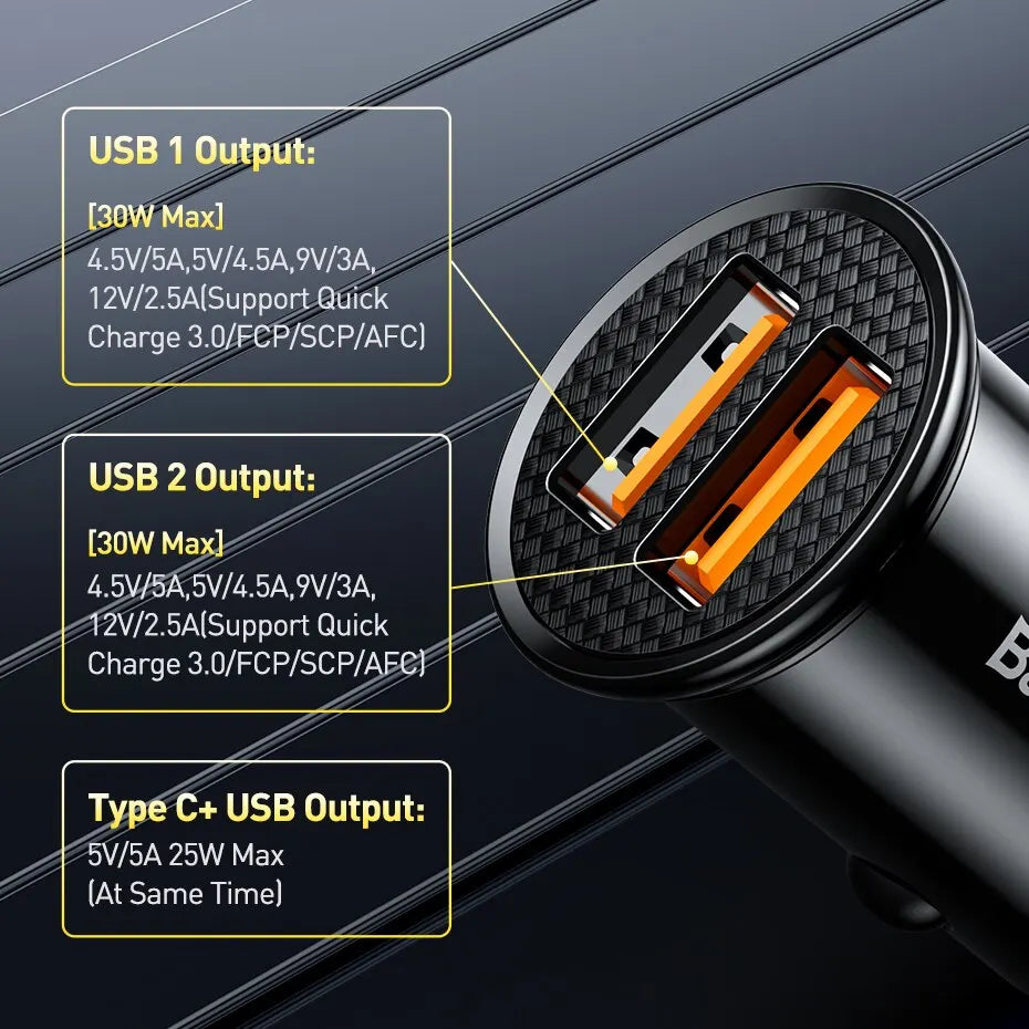 Baseus 30W USB Car Charger – PD & Quick Charge Fast Charging Adapter