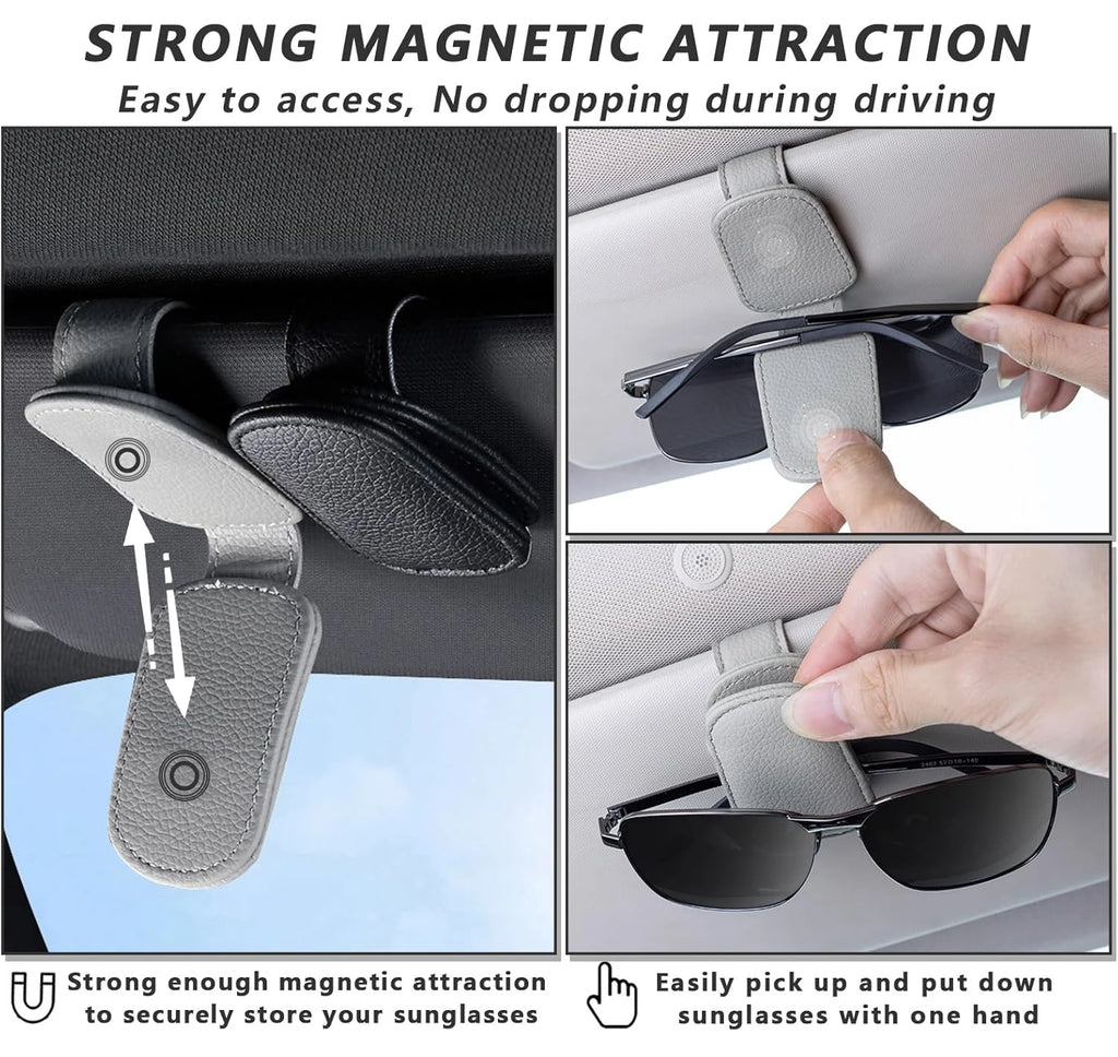 Magnetic Leather Sunglasses Holder – Car Sun Visor Glasses & Ticket Clip