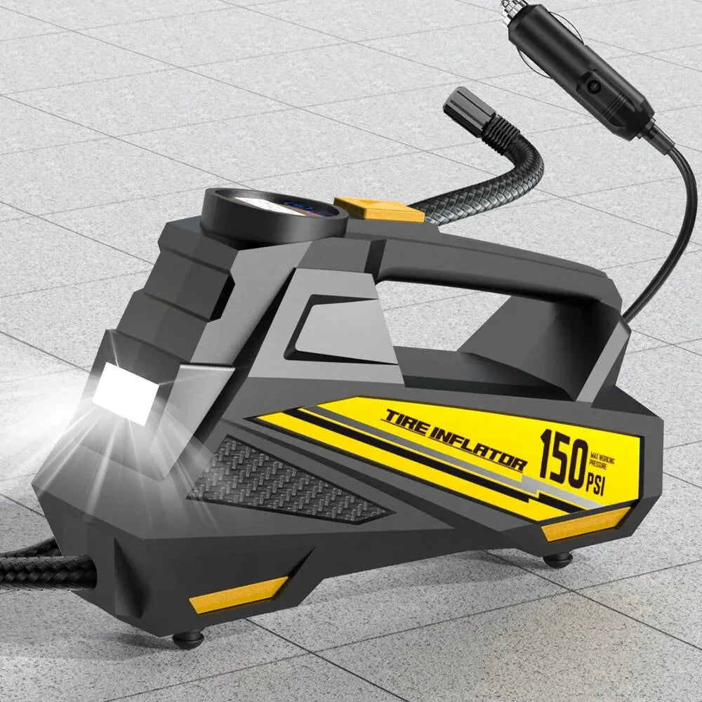 12V Portable Tire Inflator – 150 PSI Electric Air Compressor with LED Light